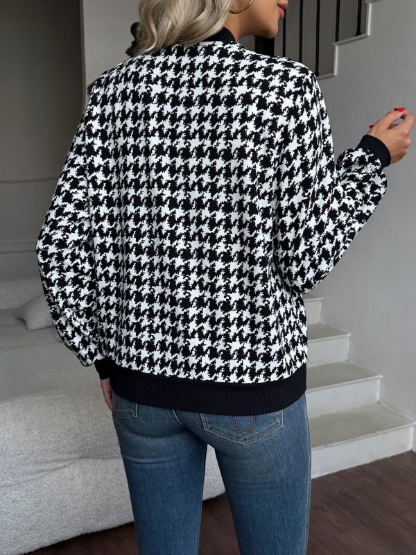 Ženska jakna s zip zatvaračem, uzorak houndstooth, lagan kroj, casual gornji dio, dugi rukavi, ovratnik košulje, poliester