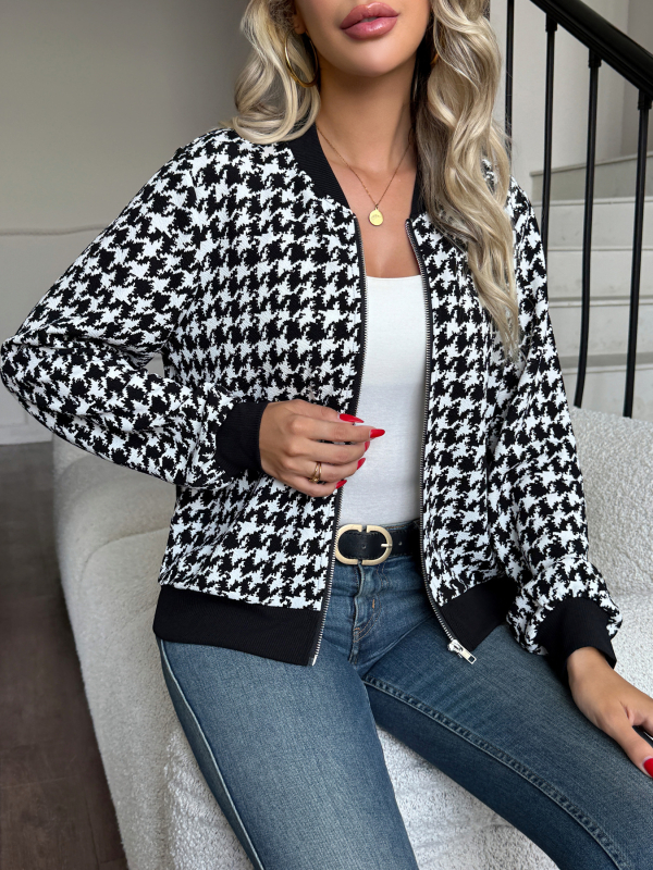 Ženska jakna s zip zatvaračem, uzorak houndstooth, lagan kroj, casual gornji dio, dugi rukavi, ovratnik košulje, poliester
