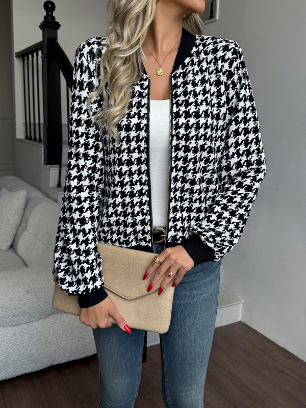 Ženska jakna s zip zatvaračem, uzorak houndstooth, lagan kroj, casual gornji dio, dugi rukavi, ovratnik košulje, poliester