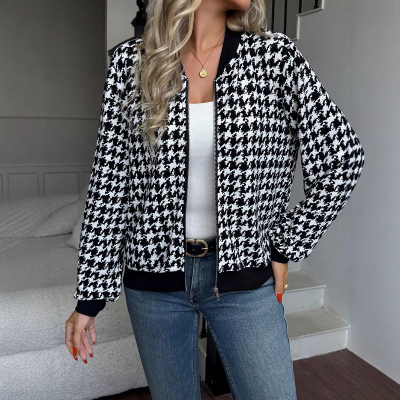 Ženska jakna s zip zatvaračem, uzorak houndstooth, lagan kroj, casual gornji dio, dugi rukavi, ovratnik košulje, poliester