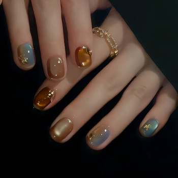 Jesensko-zimski jantarni gradient Cat Eye umjetni nokti — ručna izrada, originalni dizajn, bomboni boje