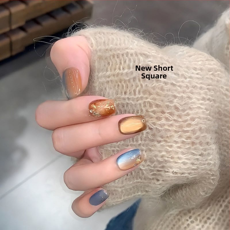 Jesensko-zimski jantarni gradient Cat Eye umjetni nokti — ručna izrada, originalni dizajn, bomboni boje