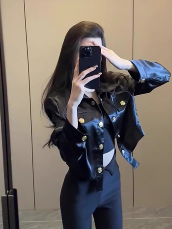 Žensko kratko sako s polo ovratnikom, korejskog stila, satenski top s elegantnim dojmom visoke kvalitete