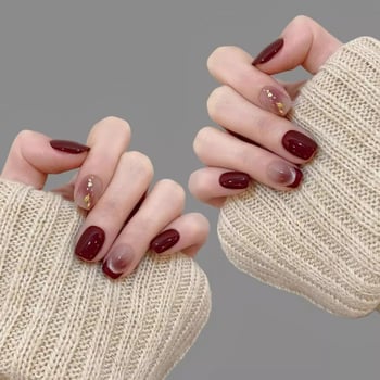 Ručni kratki nokti za nanošenje s cat-eye efektom, francuski stil, Ancora, vino-crvene boje, elegantne naljepnice za nokte