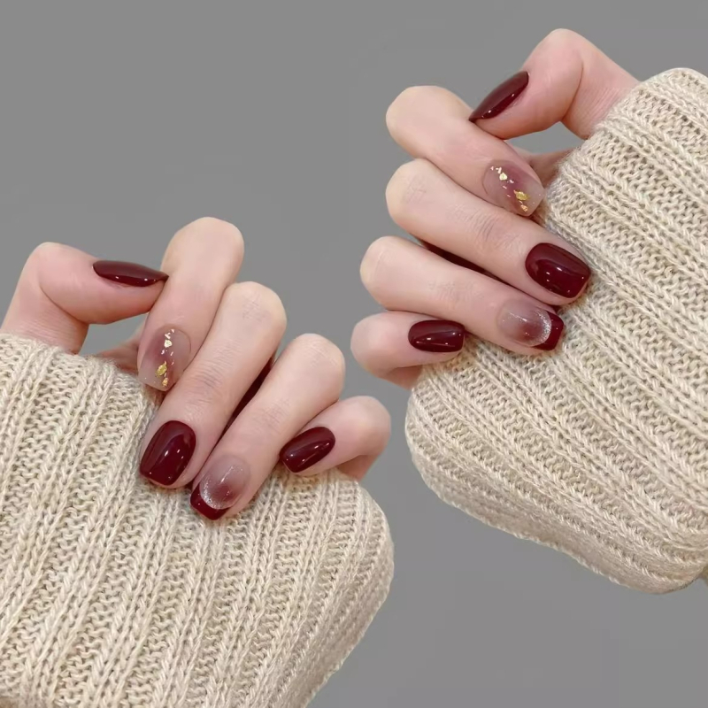 Ručni kratki nokti za nanošenje s cat-eye efektom, francuski stil, Ancora, vino-crvene boje, elegantne naljepnice za nokte