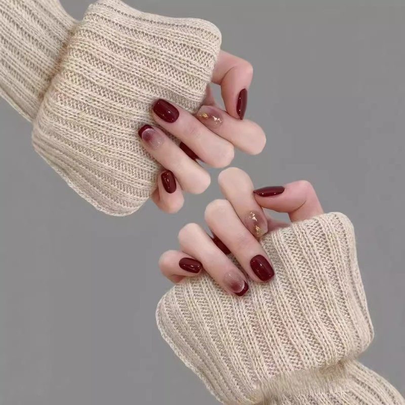 Ručni kratki nokti za nanošenje s cat-eye efektom, francuski stil, Ancora, vino-crvene boje, elegantne naljepnice za nokte