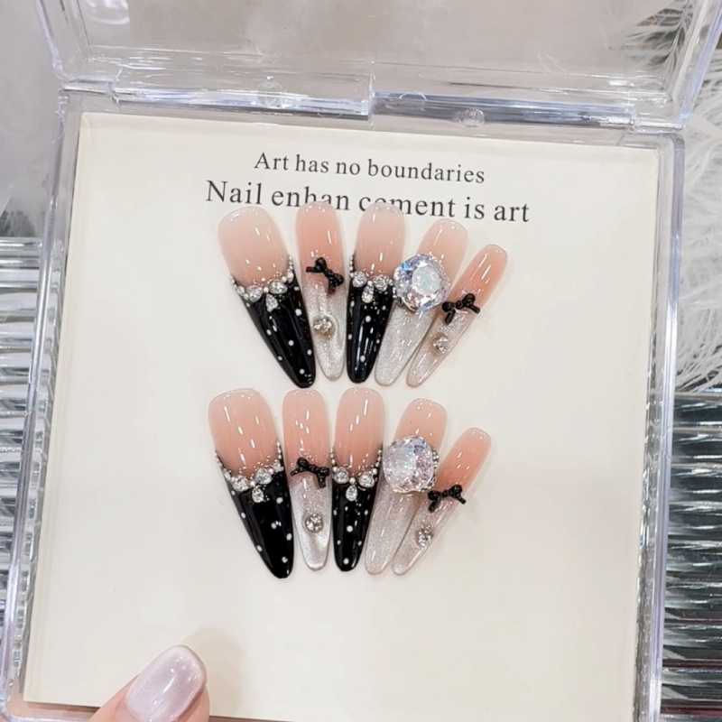 Li Xiaoying kézzel készített öntapadós műkörmök – Moonlight Dinner, Francia pöttyök, csillogó arany glitter