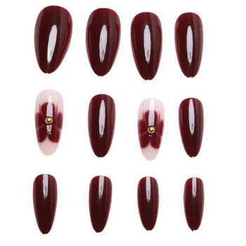 Bordo nokti s cvjetnim kristalima, naljepnice za nokte u obliku badema, francuski minimalistički stil, Instagram inspiriran