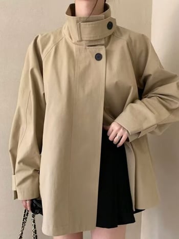 Korejski chic jesen retro, stojeći ovratnik, dvije kopče, udobna ležerna jakna za žene s dugim rukavima