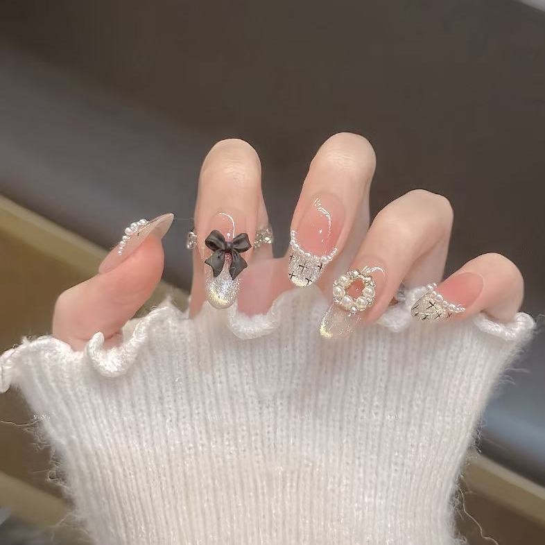 Francuska manikura s efektom cat-eye, ručna izrada, novi dizajn, za nošenje, bijela mašna, premium