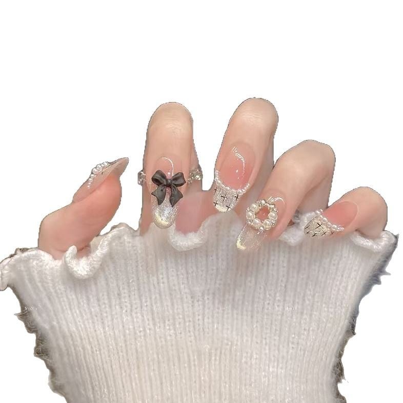 Francuska manikura s efektom cat-eye, ručna izrada, novi dizajn, za nošenje, bijela mašna, premium