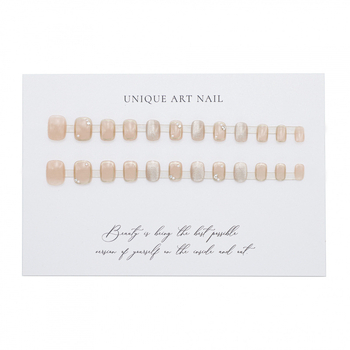 Unghii artificiale lucrate manual, pentru purtare, nuanță nude delicată, scurte și rotunde, cristale Cat Eye ultra-strălucitoare, finisate, plasturi premium pentru manichiură