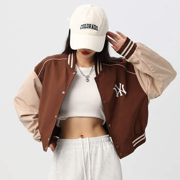 Ženska kratka bejzbol jakna za proljeće i jesen, trendi i svestrana, retro MLB NY s kontrastnim bojama
