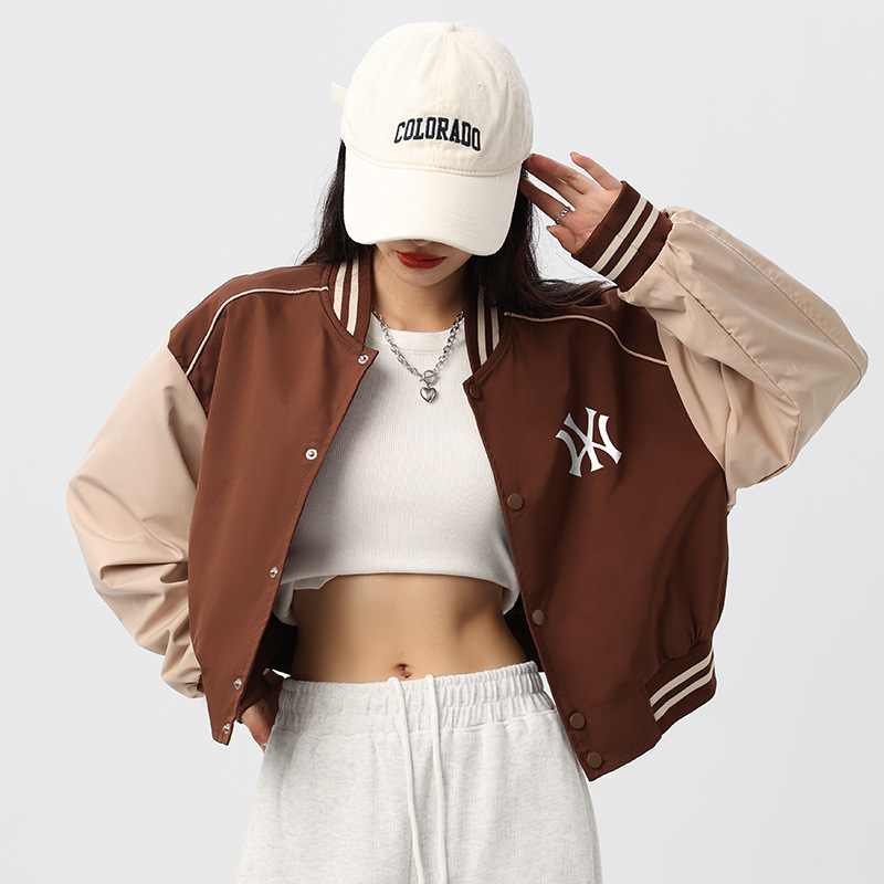 Ženska kratka bejzbol jakna za proljeće i jesen, trendi i svestrana, retro MLB NY s kontrastnim bojama
