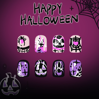 Rövid fényes négyzet alakú műkörmök, Halloween 2025 hordozható, francia manikűr, lila pók hálóval és tök arccal, 24 darab