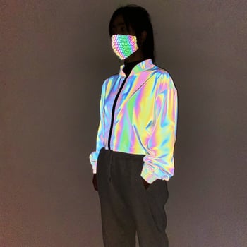 Ženska kratka reflektirajuća jakna s šarenim bojama, slobodan kroj, stojeći ovratnik, gradski hipster stil, plus veličina