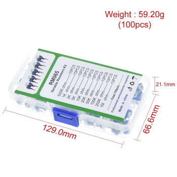 RM065 Rezistențe reglabil alb-albastru, kit în cutie, 100 bucăți, 10 valori diferite (10 bucăți fiecare)