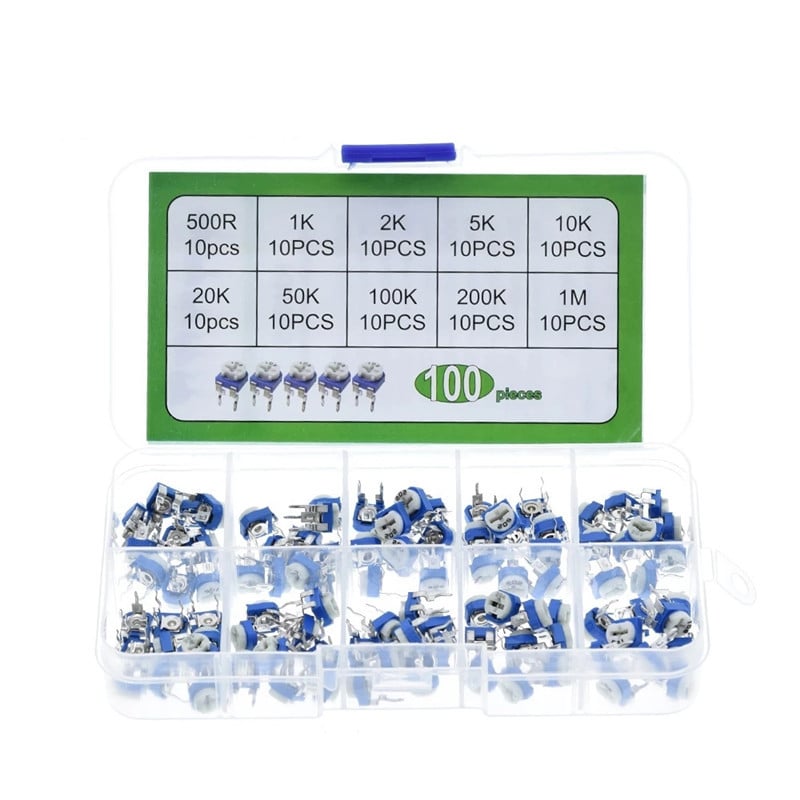 RM065 Rezistențe reglabil alb-albastru, kit în cutie, 100 bucăți, 10 valori diferite (10 bucăți fiecare)