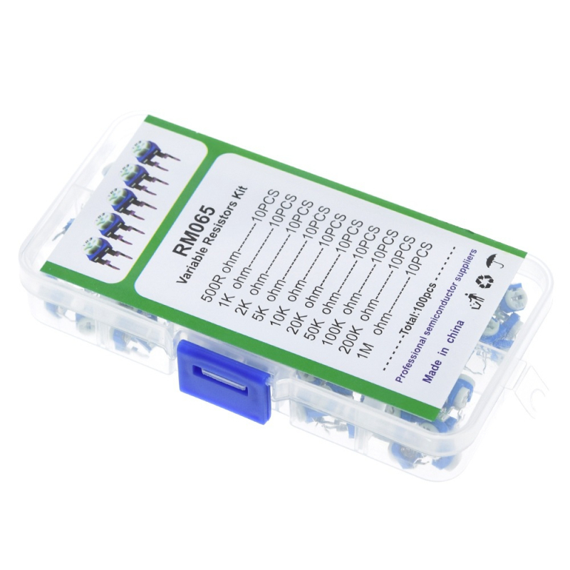 RM065 Rezistențe reglabil alb-albastru, kit în cutie, 100 bucăți, 10 valori diferite (10 bucăți fiecare)