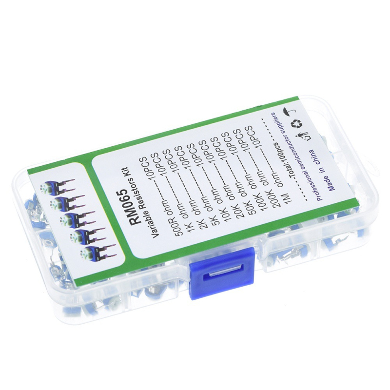 RM065 Rezistențe reglabil alb-albastru, kit în cutie, 100 bucăți, 10 valori diferite (10 bucăți fiecare)