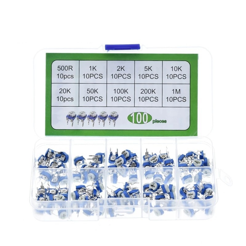 RM065 Rezistențe reglabil alb-albastru, kit în cutie, 100 bucăți, 10 valori diferite (10 bucăți fiecare)