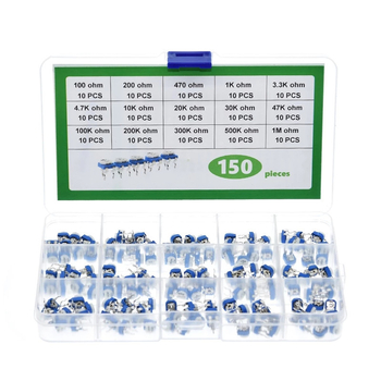 Kit de rezistențe reglabil RM065 albastru‑alb, în cutie, 150 buc, 15 valori, câte 10 buc, 100Ω–1MΩ