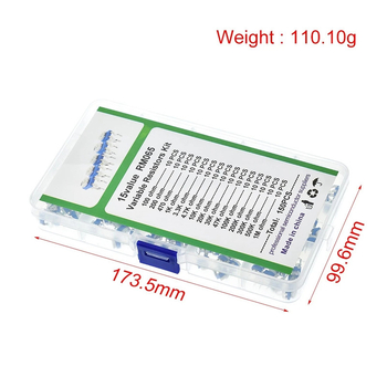 Kit de rezistențe reglabil RM065 albastru‑alb, în cutie, 150 buc, 15 valori, câte 10 buc, 100Ω–1MΩ