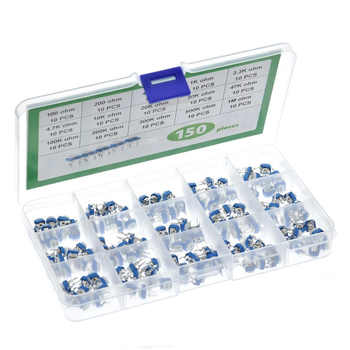 Kit de rezistențe reglabil RM065 albastru‑alb, în cutie, 150 buc, 15 valori, câte 10 buc, 100Ω–1MΩ