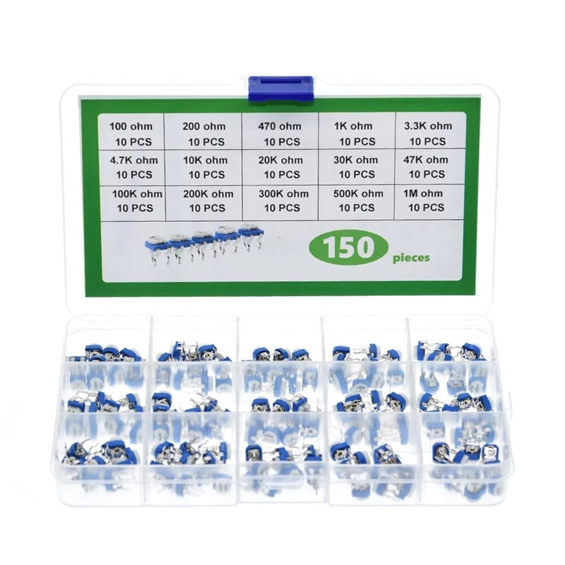Kit de rezistențe reglabil RM065 albastru‑alb, în cutie, 150 buc, 15 valori, câte 10 buc, 100Ω–1MΩ