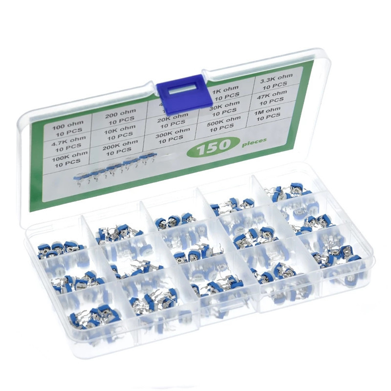 Kit de rezistențe reglabil RM065 albastru‑alb, în cutie, 150 buc, 15 valori, câte 10 buc, 100Ω–1MΩ