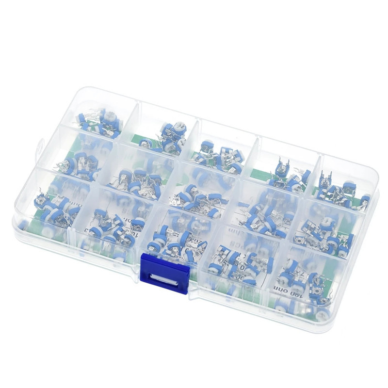 Kit de rezistențe reglabil RM065 albastru‑alb, în cutie, 150 buc, 15 valori, câte 10 buc, 100Ω–1MΩ