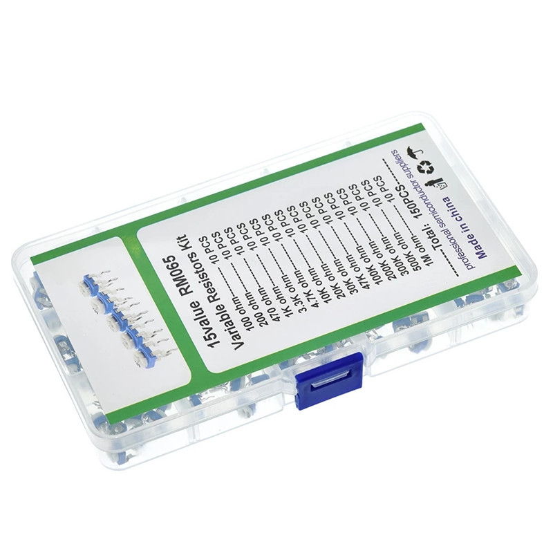 Kit de rezistențe reglabil RM065 albastru‑alb, în cutie, 150 buc, 15 valori, câte 10 buc, 100Ω–1MΩ