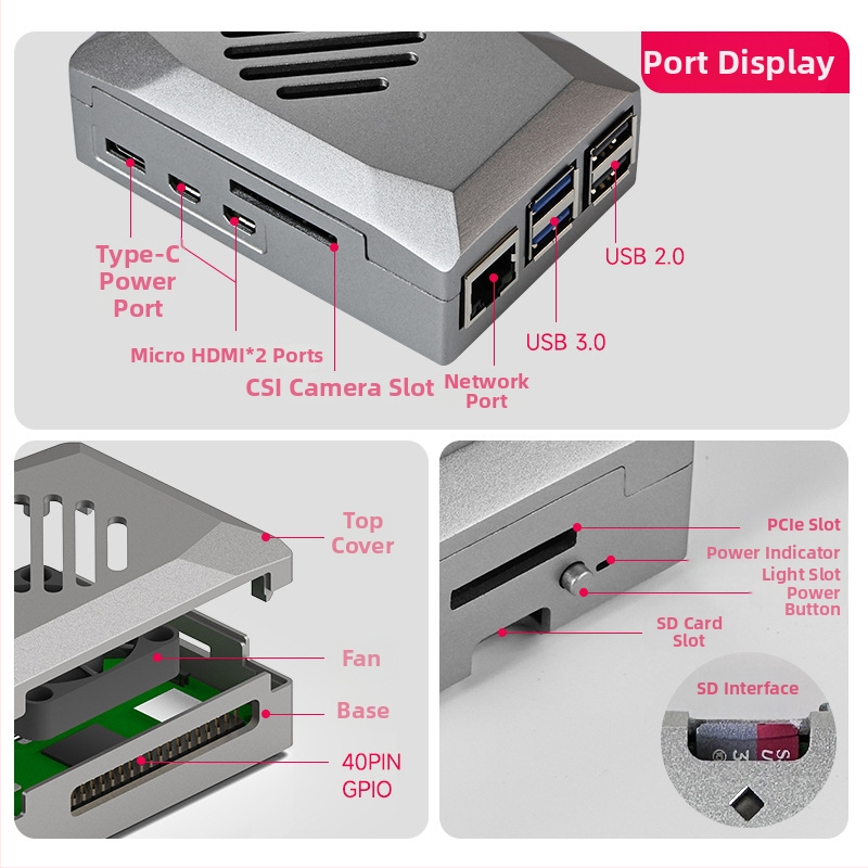 Puzdro Raspberry Pi 5 z ABS, ochranný box s PWM chladiacim ventilom a nastaviteľnou rýchlosťou, plastová imitácia hliníkovej zliatiny