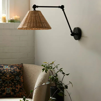 Retro zidna lampa u stilu Wabi-Sabi, s dugim sklopnim ramenom i izvlačnim swing ramenom, sjenilo od ratana, za dnevni boravak i spavaću sobu