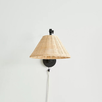 Retro zidna lampa u stilu Wabi-Sabi, s dugim sklopnim ramenom i izvlačnim swing ramenom, sjenilo od ratana, za dnevni boravak i spavaću sobu