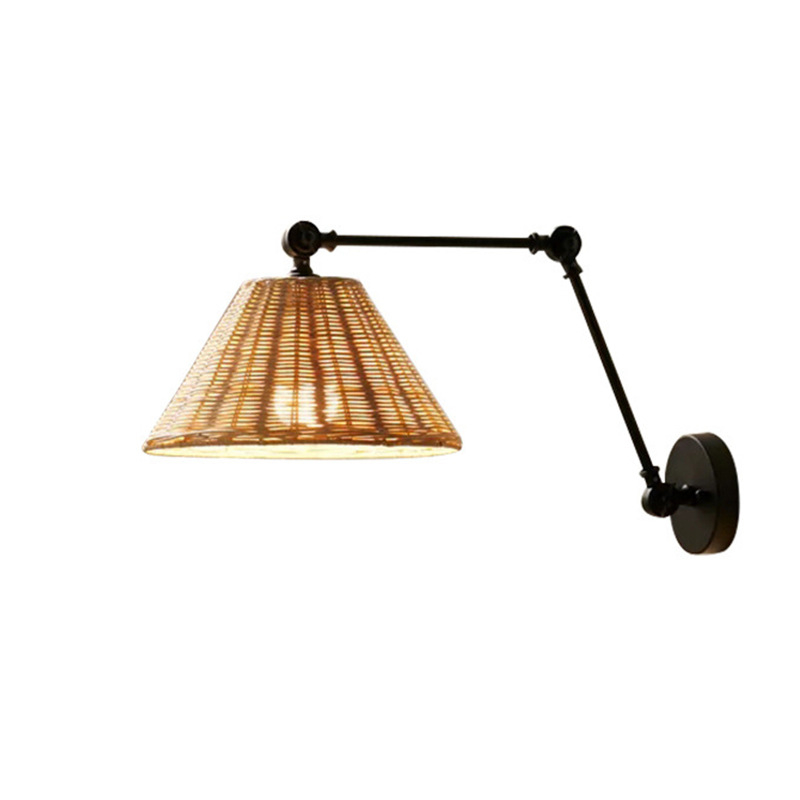 Retro zidna lampa u stilu Wabi-Sabi, s dugim sklopnim ramenom i izvlačnim swing ramenom, sjenilo od ratana, za dnevni boravak i spavaću sobu