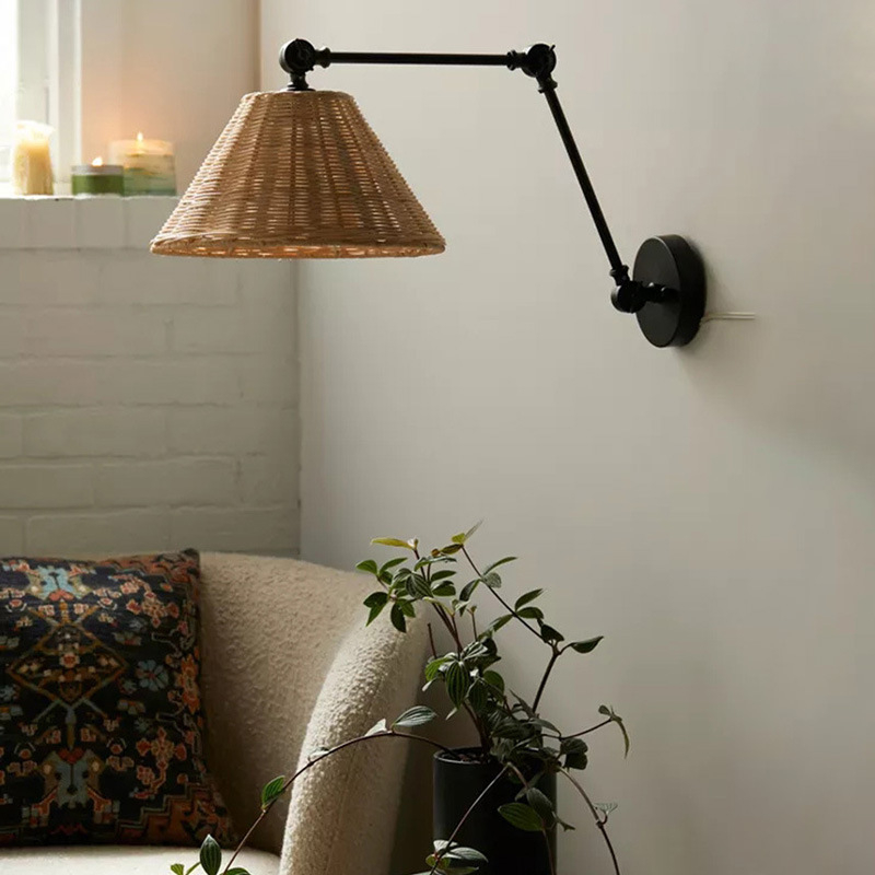Retro zidna lampa u stilu Wabi-Sabi, s dugim sklopnim ramenom i izvlačnim swing ramenom, sjenilo od ratana, za dnevni boravak i spavaću sobu