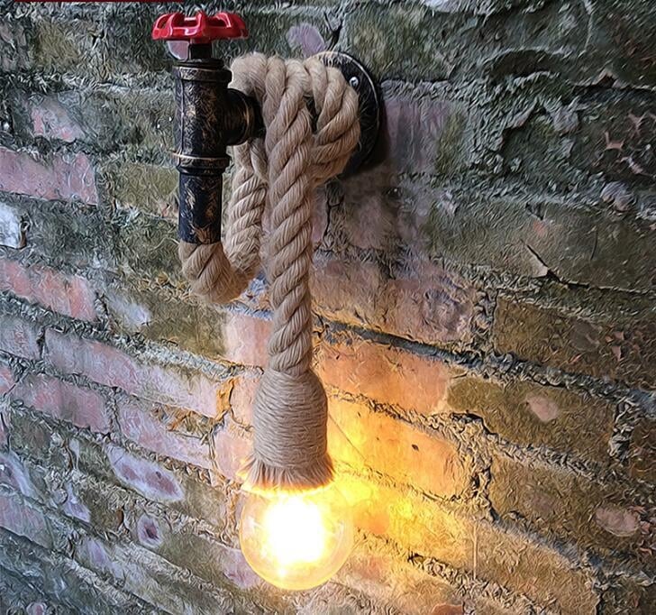 Retro zidna lampa od vodovodne cijevi s metalnim sjenilom i industrijskom konopom, pogodna za restorane, frizerske salone, trgovine odjeće, hodnike i stubišta