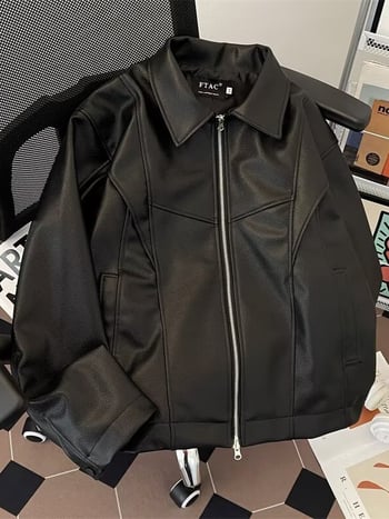 Geacă din PU pentru bărbați, stil street motocicletă, croială lejeră, neagră, design vintage, inspirație aviator
