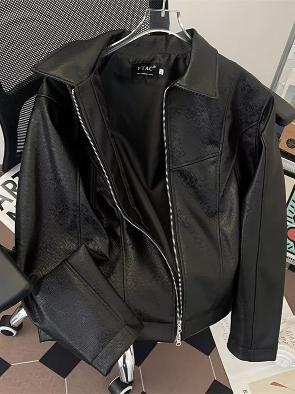 Geacă din PU pentru bărbați, stil street motocicletă, croială lejeră, neagră, design vintage, inspirație aviator