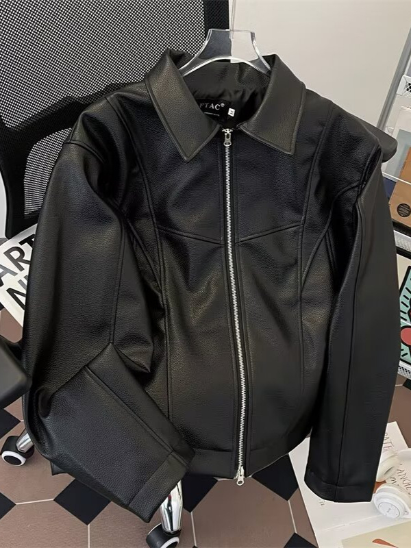 Geacă din PU pentru bărbați, stil street motocicletă, croială lejeră, neagră, design vintage, inspirație aviator