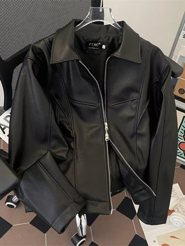 Geacă din PU pentru bărbați, stil street motocicletă, croială lejeră, neagră, design vintage, inspirație aviator