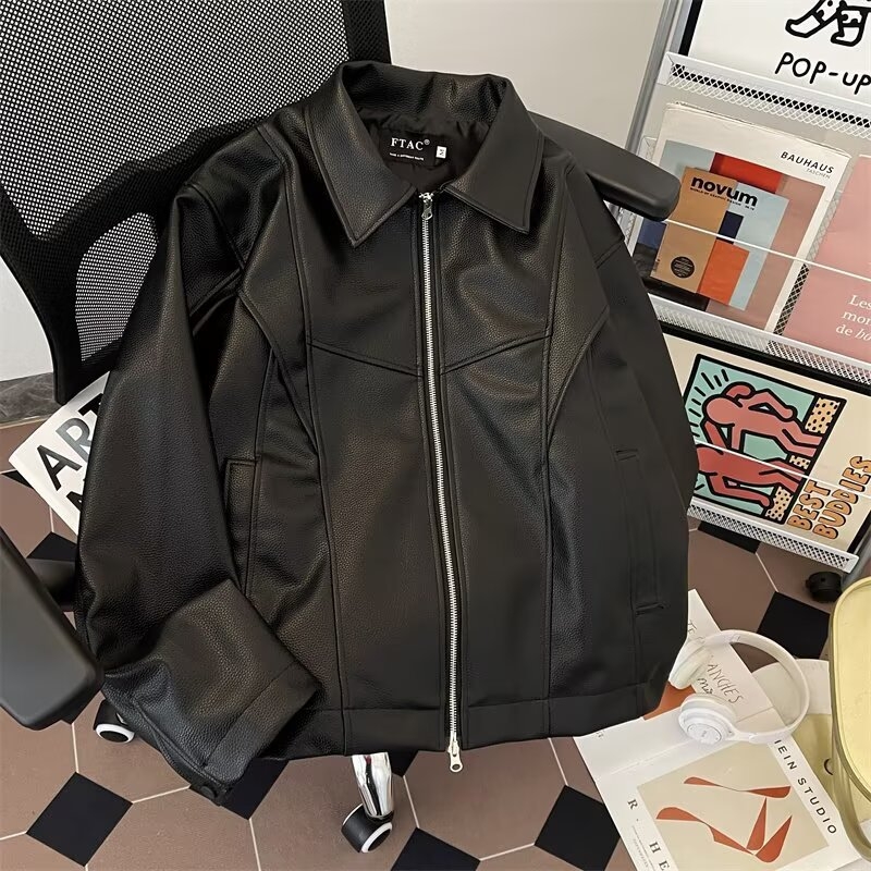 Geacă din PU pentru bărbați, stil street motocicletă, croială lejeră, neagră, design vintage, inspirație aviator