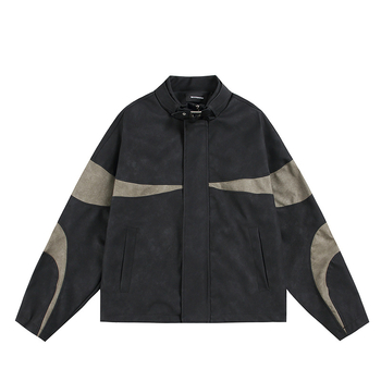 Férfi PU bőrkabát színblokkolt dizájnnal és álló gallérral, cipzáras, hosszú ujjú, középhosszú, lélegző anyag, amerikai vintage streetwear ősz 2025