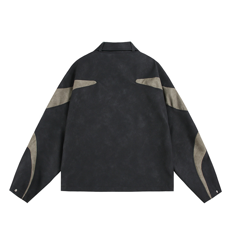 Férfi PU bőrkabát színblokkolt dizájnnal és álló gallérral, cipzáras, hosszú ujjú, középhosszú, lélegző anyag, amerikai vintage streetwear ősz 2025