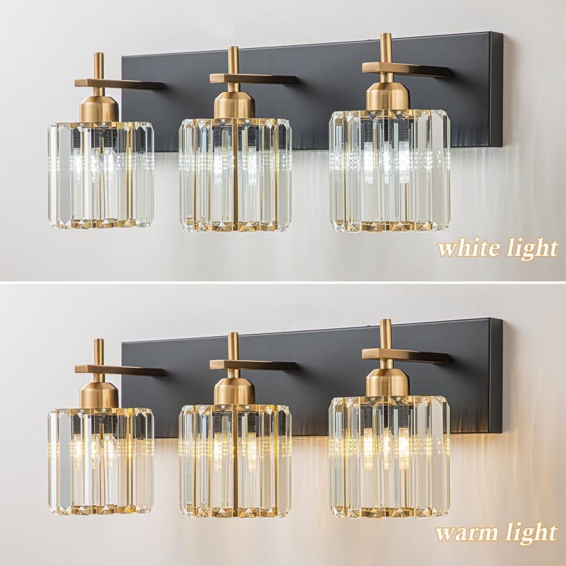 Kristalna svjetiljka za kupaonicu iznad ogledala, moderni dizajn, crno-zlatna, 3 lampe