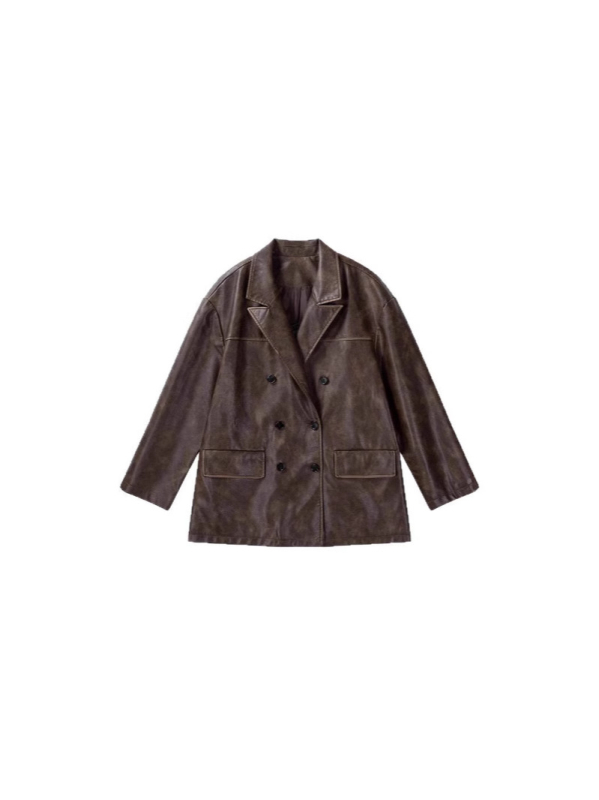 Ženska PU kožna jakna u vintage smeđoj boji, američki stil, široka silueta, kratki trench kaput s retro prizvukom
