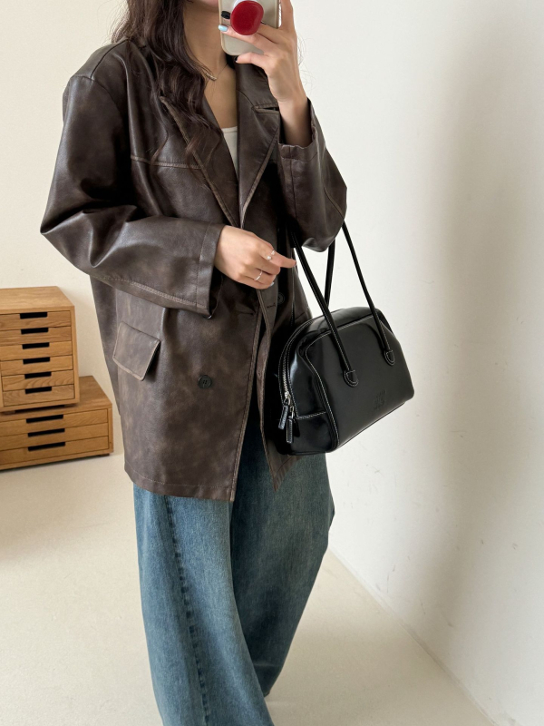 Ženska PU kožna jakna u vintage smeđoj boji, američki stil, široka silueta, kratki trench kaput s retro prizvukom
