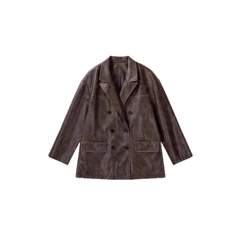 Ženska PU kožna jakna u vintage smeđoj boji, američki stil, široka silueta, kratki trench kaput s retro prizvukom