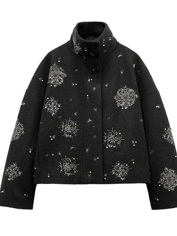 Žensko sako s stojećim ovratnikom, floralni uzorak, jesen-zima 2024, labav kroj, kopčanje na jedan red, dugi rukavi, retro stil.